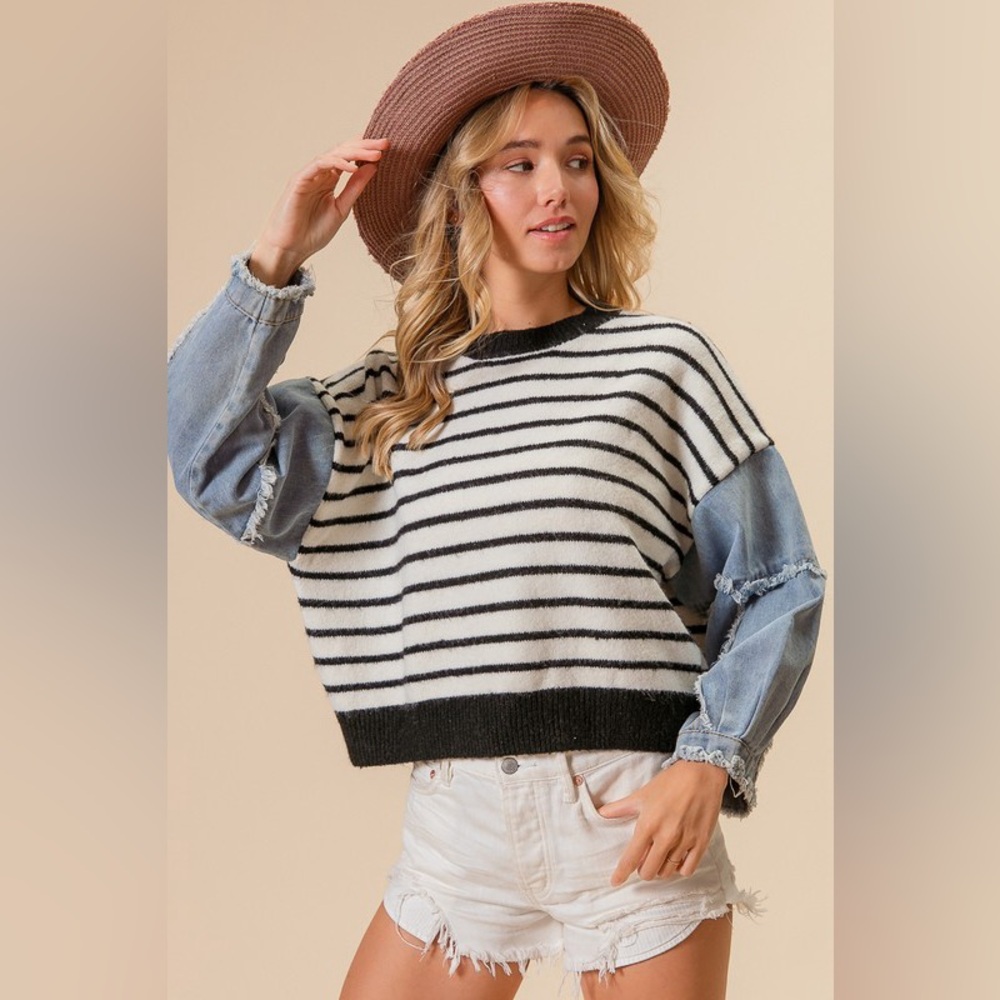 BiBi Black and White Striped Sweater Denim Sleeves Oversized Size M New